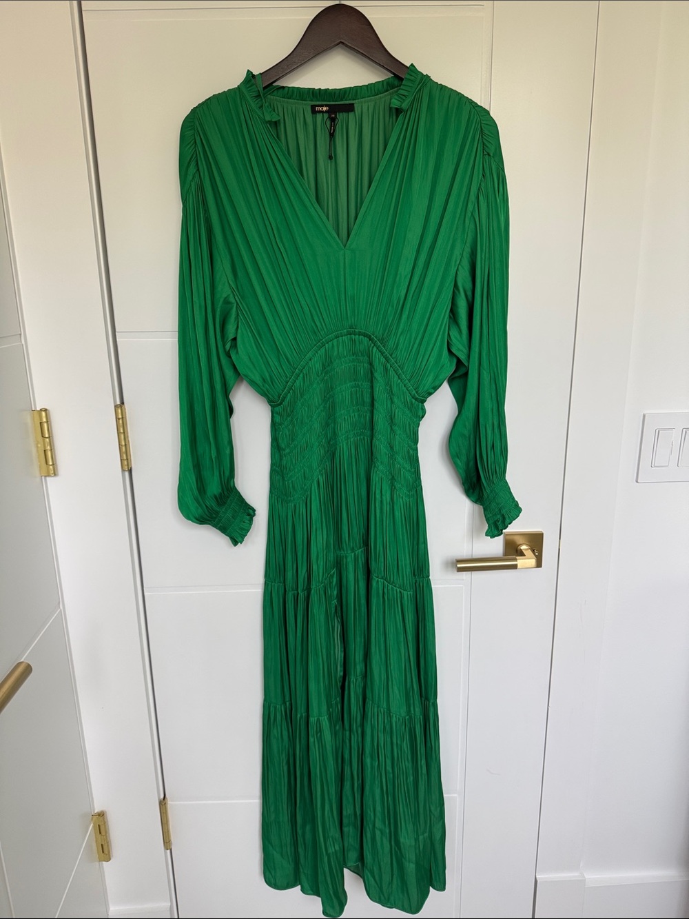 Women's Maje Emerald Green Long Sleeve V-Neck Maxi Dress